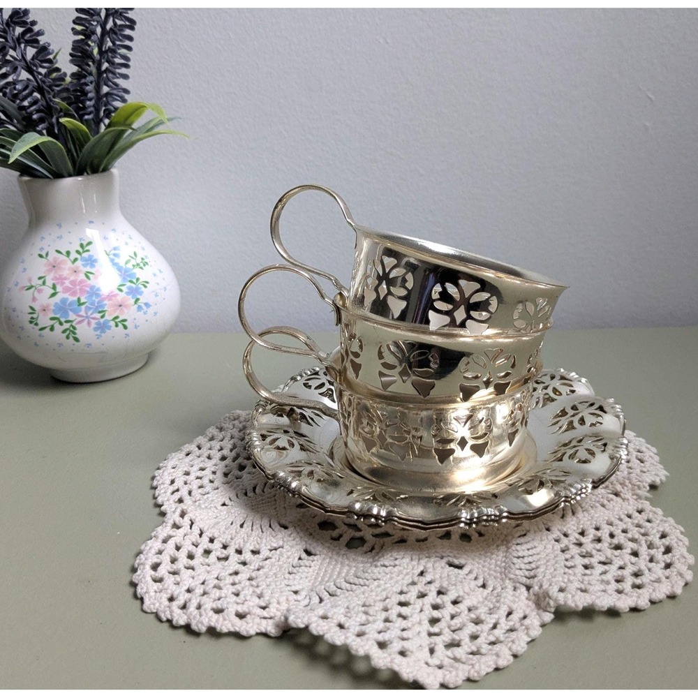 Vintage BMF Silver Plated Tea Cup & Saucer Set of 3, West Germany EP Brass